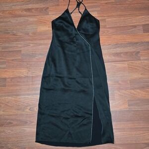 Halston Heritage Satin Black Evening Slip Dress LBD Slit Silver Trim Sz 0